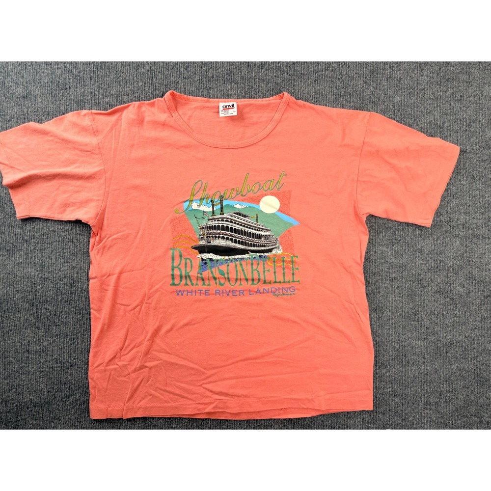 Vintage 90s Anvil Branson Belle Showboat T Shirt L Coral Cotton USA Made Graphic